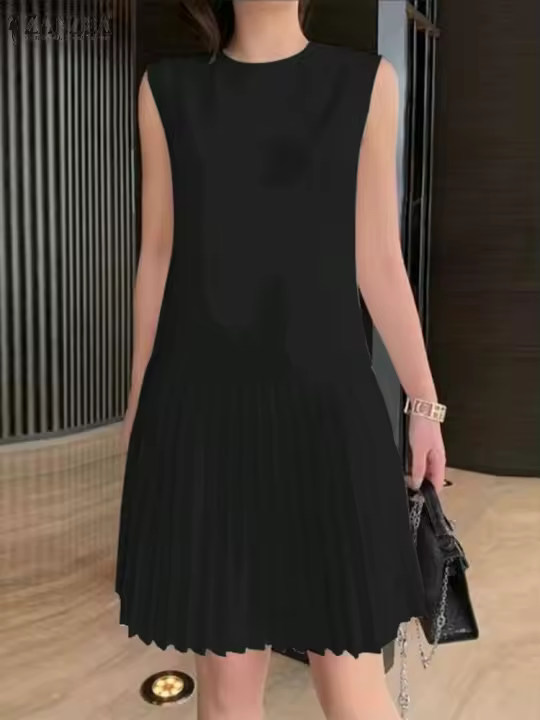 Vestido Mini Sin Mangas Para Mujer ZANZEA Elegante Y Casual De Verano Estilo Suelto Con Pliegues Y Cuello En V Vestido De Fiesta Para Vacaciones - 1