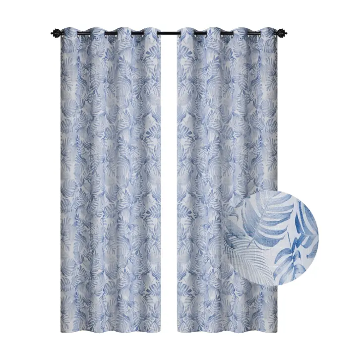 ILOVEHOME - Cortina para salon, cortina para habitacion tipo visillo con aspecto de lino con ojales, cortina individual moderna de 140 x260cm, estampado hojas - 1
