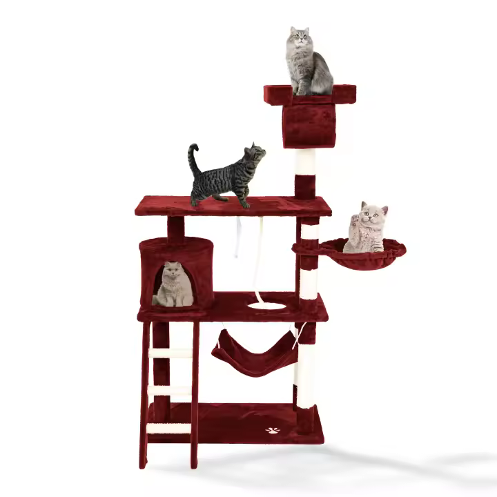 Casa Basics-Rascador para gatos PILLI, Altura: 141 cm, Árbol con Plataformas y Accesorios para Jugar y Descansar - Beige/Negro/Gris/Burdeos - 1