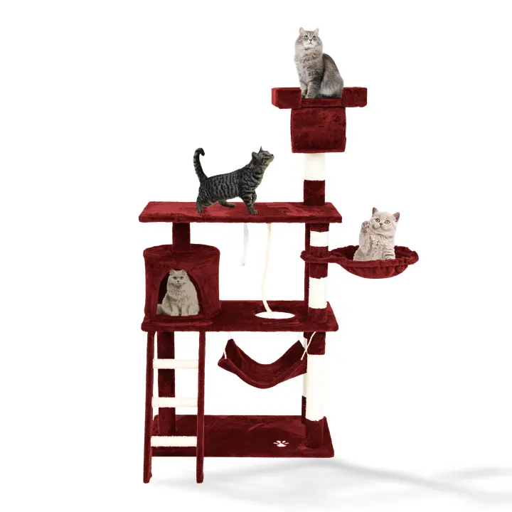 Casa Basics-Rascador para gatos PILLI, Altura: 141 cm, Árbol con Plataformas y Accesorios para Jugar y Descansar - Beige/Negro/Gris/Burdeos - 1