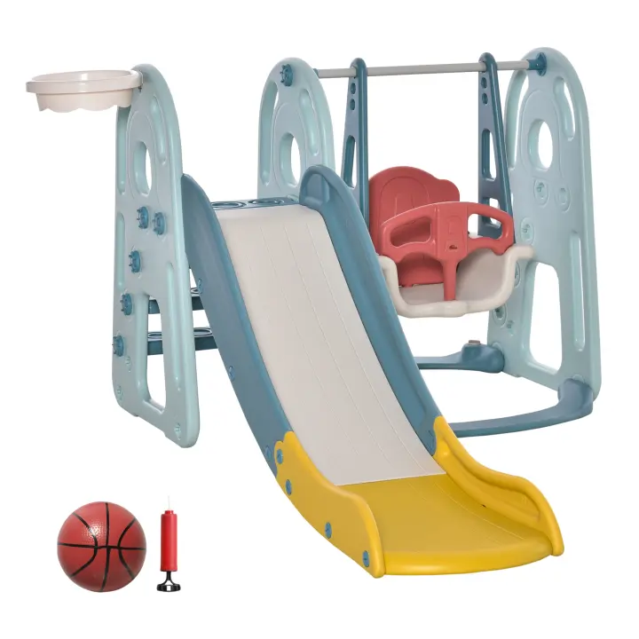 HOMCOM Tobogán Infantil con Columpio y Canasta Baloncesto 3 en 1 para Niños de +18 Meses con Asiento Ajustable Centro de Actividades para Interior y Exterior 150x190x100 cm Multicolor - 1
