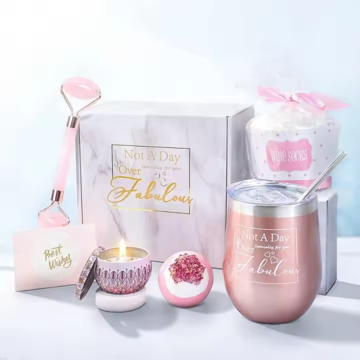 Cofre de regalo, set con taza de acero inoxidable con pajita, vela aromática, bola de sal de baño, rodillo de jade y calcetines - 1