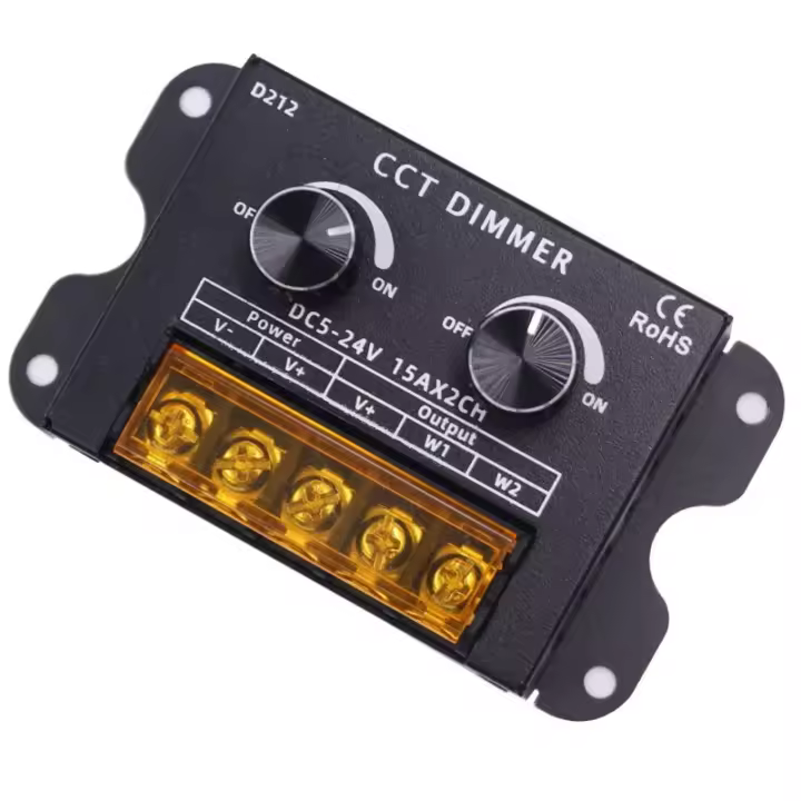 Jandei – Regulador Dimmer para Tiras Led CCT de 5V a 24V, 2 Canales (Máx 15A por Canal), Sistema Manual con Ruedas Metálicas, Montaje en Superficie, IP20 - 1