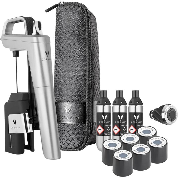Coravin Sistema de Conservación de vino Timeless Six Plus - Ahorrador de vino por Copa-Aireador de vino, 3 cápsulas de argón Puro, Aguja de Funda y Funda de Transporte-Silver piano