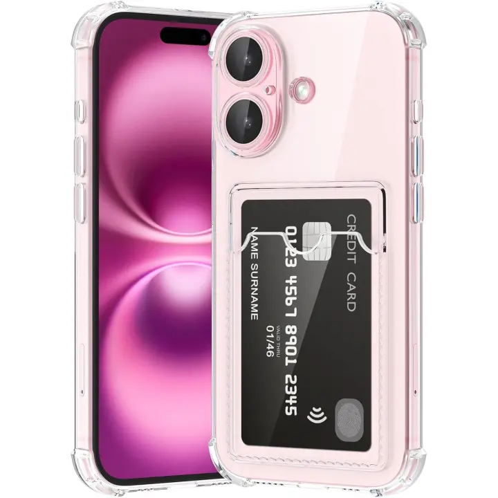Funda protectora ultrafina de silicona suave estilo cartera a prueba de golpes y arañazos para iPhone 16 con ranura para tarjetas, transparente - 1