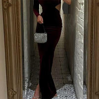 Vestido Dulzura De Veludo Largo Con Manga Completa Y Hombro Descubierto Para Mujer Elegante Y Sexy Con Abertura Lateral Adecuado Para Fiestas Y Noches De Otoño Y Invierno - details 3