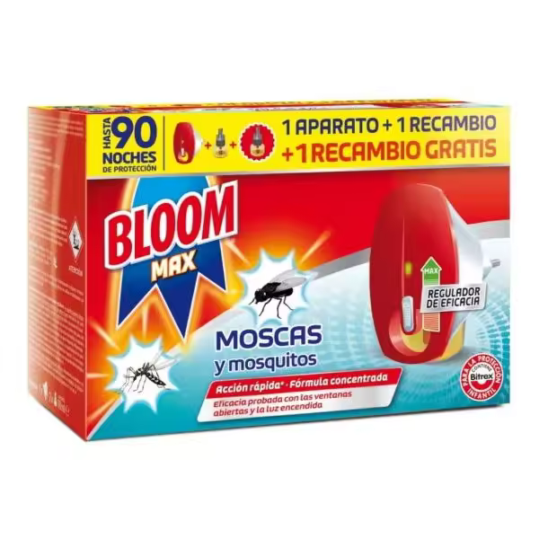 BLOOM Max Eléctrico Contra Moscas y Mosquitos + 2 Recambios Insecticida Eléctrico Moscas y Mosquitos Común y Tigre - 1