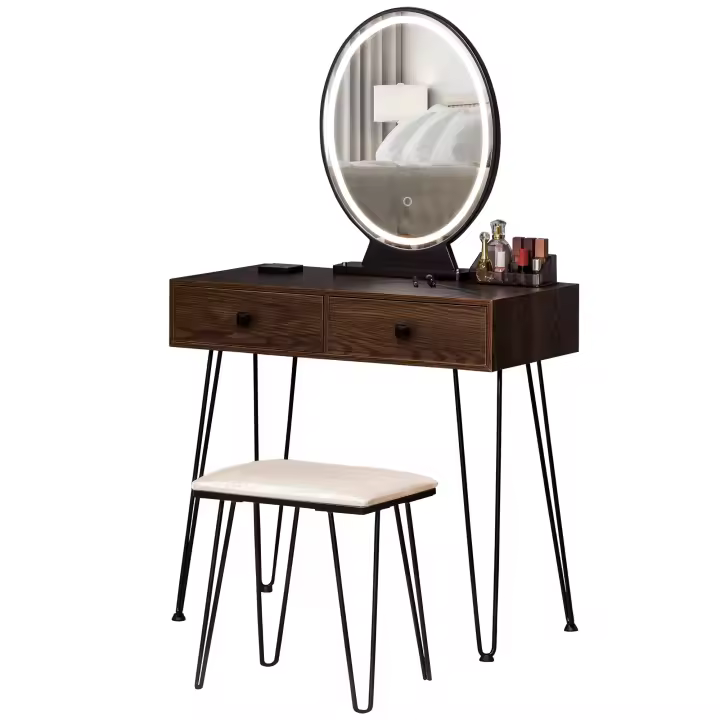 HOMCOM Mesa de Maquillaje Moderna - Espejo LED Integrado y Ajustable - Taburete Incluido - Patas de Metal Negro - 2 Cajones + 1 Compartimento de Almacenamiento Efecto Madera Nogal Oscuro - 1