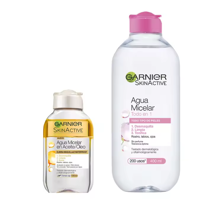 GARNIER | Skin Active Agua micelar todo en 1 para todo tipo de pieles 400ml + Agua micelar aceite para maquillajes waterproof tamaño viaje 100ml - 1