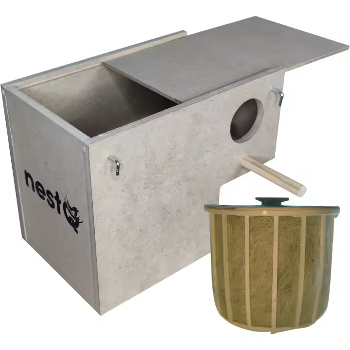 Nido Madera para Exoticos Diamantes de Gould 20 cm (largo) x 13 cm x 13 cm (base) x 16 (altura) con Pelera Material y Soporte de Relleno Pelo de Cabra, Mandarines, Babero, Tricolor, Isabelita de Japon - 1