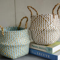 Bolsa De Almacenamiento Bohemia De Paja Con Estampado Rayado Y Florales Hecha a Mano Plegable Para Ropa Jardín Maceta - details 9
