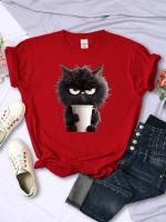 Camiseta Kawaii Para Mujer Con Estampado De Gato Negro Y Taza De Papel Cuello Redondo Transpirable Suave Verano Ropa De Calle - details 7