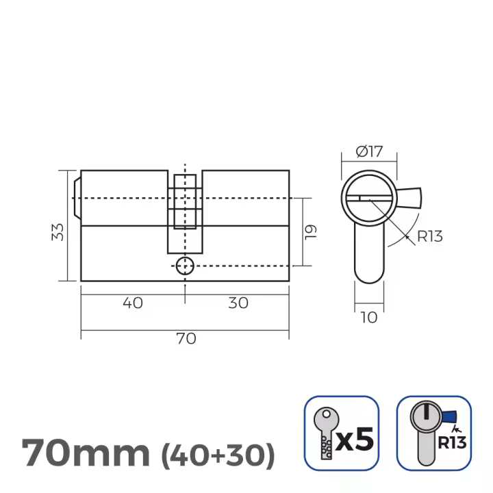 bombin niquel 70mm (40+30mm) leva corta r13 con 5 llaves seguridad incluidas edm - 1