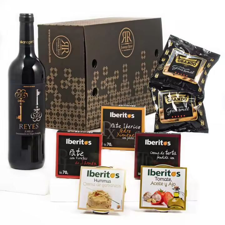 Enrique Rech | LOTE NAVIDAD Caja Gourmet Regalo Picoteo para Dos Personas con Vino Tinto Reyes D.O. Jumilla y Paté Ibérico con Virutas de Jamón - 1
