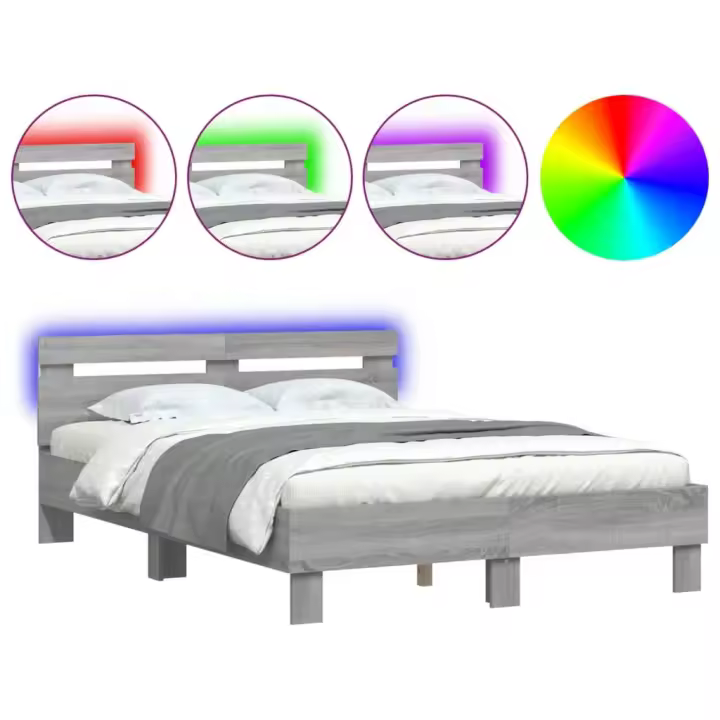 vidaXL Estructura de cama cabecero y luces LED gris Sonoma 135x190 cm - 1
