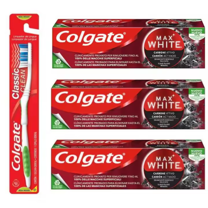 COLGATE - Pasta de dientes, Max White Carbón Activo  3x75ml + Cepillo de regalo - 1