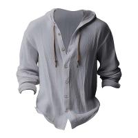 Camisa Casual Para Hombre De Color Sólido Con Capucha Y Cuerda Ajustable De Algodón Y Lino Estilo High Street Top Versátil Para El Día - details 17
