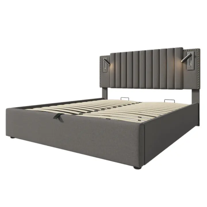 Cama tapizada 180x200, Caja de Cama Doble, lámpara de Lectura con función de carga USB Cabecero, respaldo de Diseño reachado, Cama con somier y Caja de Cama, Algodón, gris (sin colchón) - 1