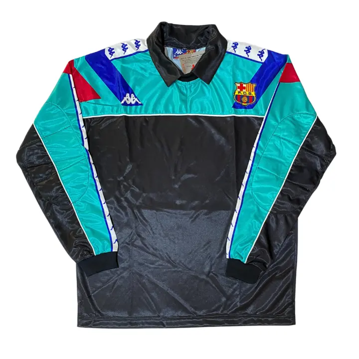 Kappa Camiseta portero Zubizarreta FC Barcelona 1992 93 Escudo Barça Bordado manga larga azul con franja logo kappa  amarillo sin número Original Nueva con Etiquetas para coleccionistas - 1