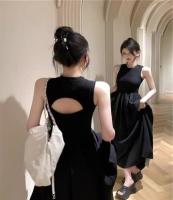 Vestido Midi Elegante Sin Mangas De Color Negro Para Mujer Cintura Alta Pleated Swing Skirt Casual Para Fiestas Vestido De Verano - details 0
