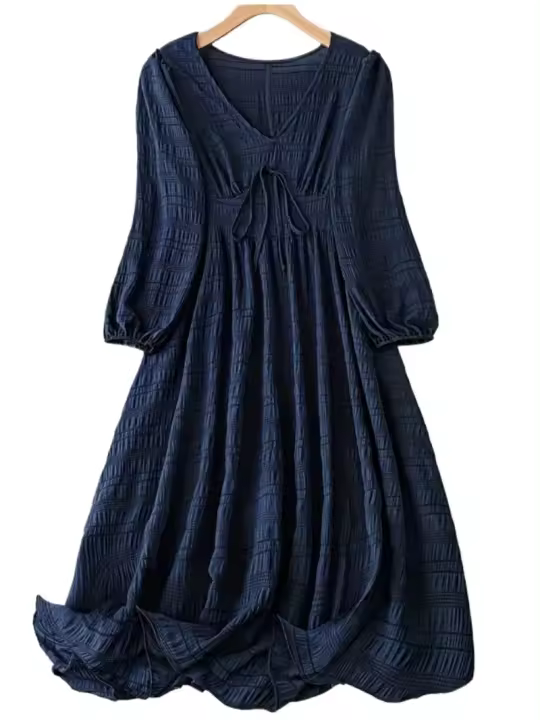 Vestido Midi Casual Para Mujer Con Cuello V Manga Lante Texturizado Frontal Cierre Vestido De Verano A-Line Estilo Suelto - 1