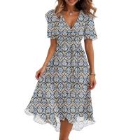Vestido Casual De Moda Para Mujer Con Cuello En V Manga Corta Volante Vintage Impresión A-Line De Pierna Larga Estilo Italiano - details 6