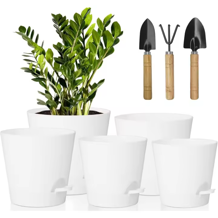 SOMY 5 macetas de plástico, 7/6,5/6/5,5/6 pulgadas, macetas de plástico para flores/plantas, autorriego con platillo para flores, adecuado para interiores y exteriores, balcones, jardines (blanco) - 1