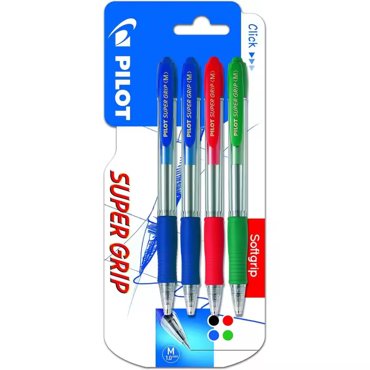 Pilot Bolígrafo Super Grip Retráctil Punta 1mm Recargable Tinta Base de Aceite (Pack 2 Azules, 1 Rojo y 1 Verde) - 1