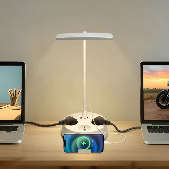 Aigostar Lámpara de Escritorio con Enchufe y Tomas de Corriente, Salida USB y Tipo C, Lámpara de Lectura Táctil, 3 Colores y Atenuación Continua, Cuello de Cisne, para Oficina Dormitorio (Blanca) - 1
