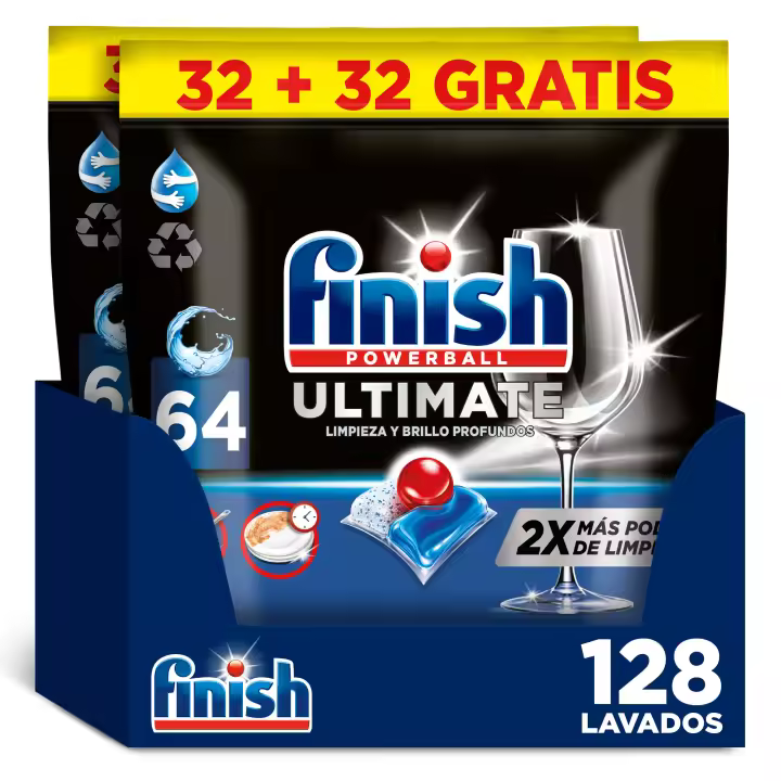 Finish Powerball Ultimate, 128 Pastillas Lavavajillas (Formato 2x64), Aroma Regular, Limpieza y Brillo Profundos - 1