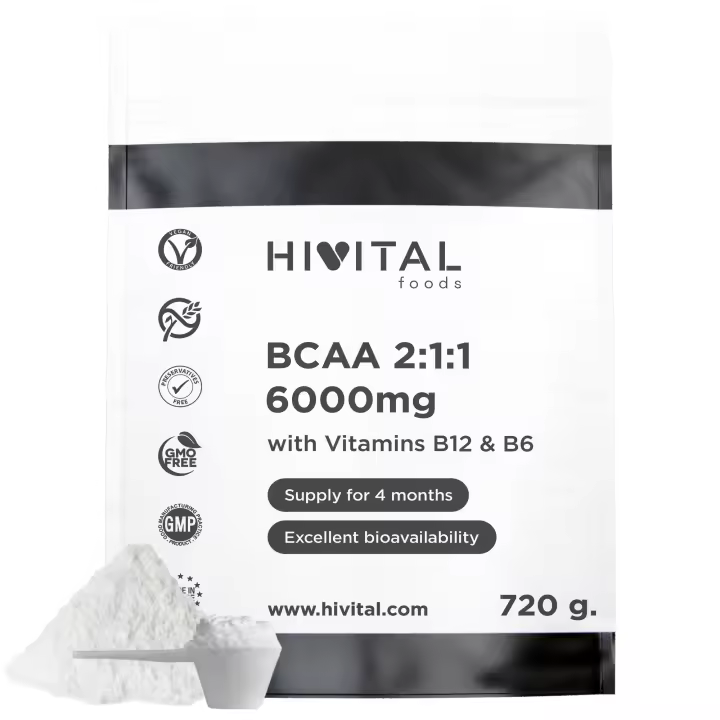 BCAA 2:1:1 6000 mg para 4 meses de tratamiento. 720 gramos con Aminoácidos Esenciales y Vitaminas B12 y B6, 100% Vegano, en Polvo y Sin Sabor, para acelerar el crecimiento y la recuperación muscular. Hivital - 1