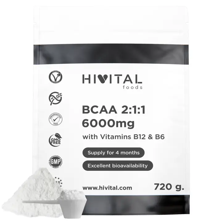 BCAA 2:1:1 6000 mg para 4 meses de tratamiento. 720 gramos con Aminoácidos Esenciales y Vitaminas B12 y B6, 100% Vegano, en Polvo y Sin Sabor, para acelerar el crecimiento y la recuperación muscular. Hivital - 1
