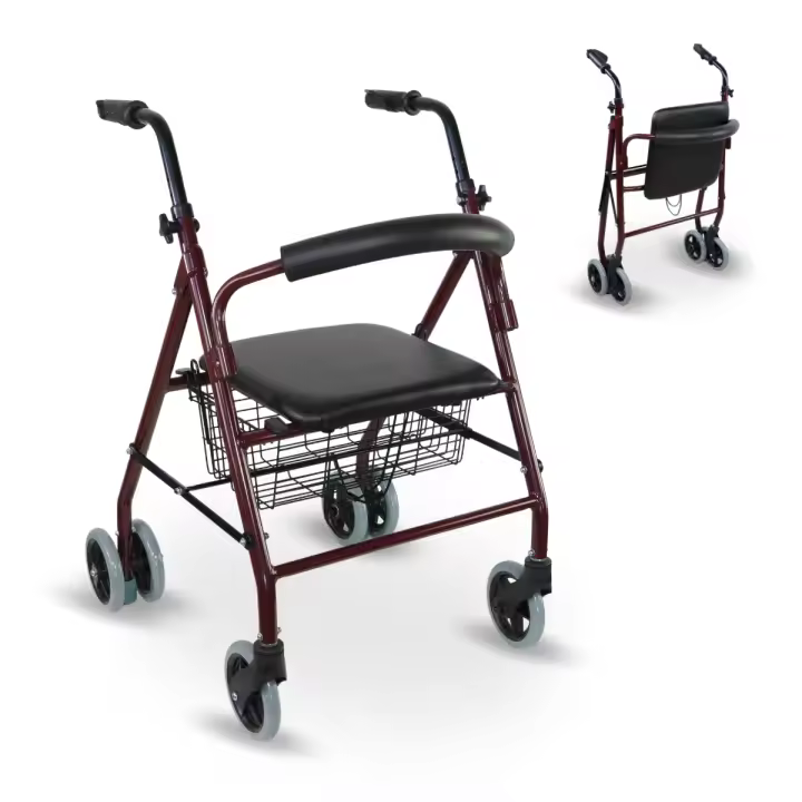 Mobiclinic® Andador para ancianos Modelo Prado Rollator de Aluminio ligero y plegable frenos por presión con Asiento cesta y 4 ruedas Caminador para mayores Marca Española Color Burdeos - 1