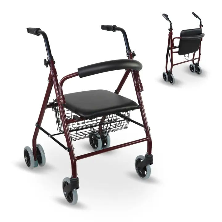 Mobiclinic® Andador para ancianos Modelo Prado Rollator de Aluminio ligero y plegable frenos por presión con Asiento cesta y 4 ruedas Caminador para mayores Marca Española Color Burdeos - 1