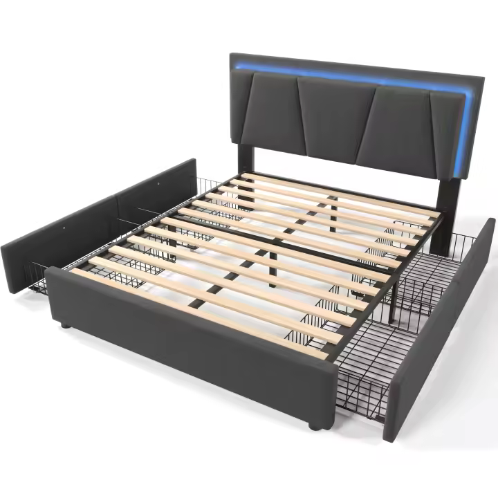 Cama de almacenamiento Marco de Cama, base de listones de Madera, gris (sin pecho) Cama tapizada with iluminación LED Y 4, cabecera ajustable en Altura, Cama Doble 160x200cm - 1