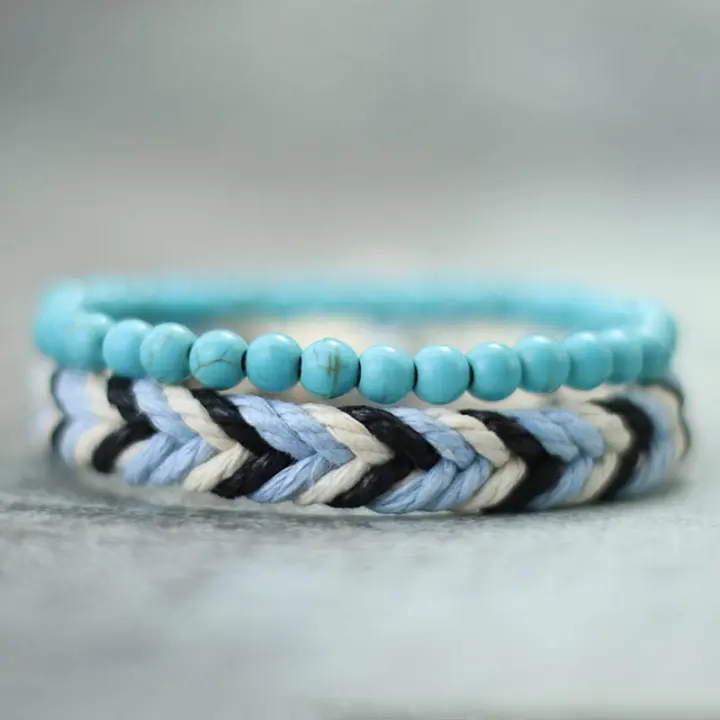 Set De 2 Pulseras Para Hombre Hechas a Mano Con Madera Volcánica Y Piedra Ojo De Tigre Pulsera De Cuerda Macramé Pulsera De Charms Moda Étnica - 1