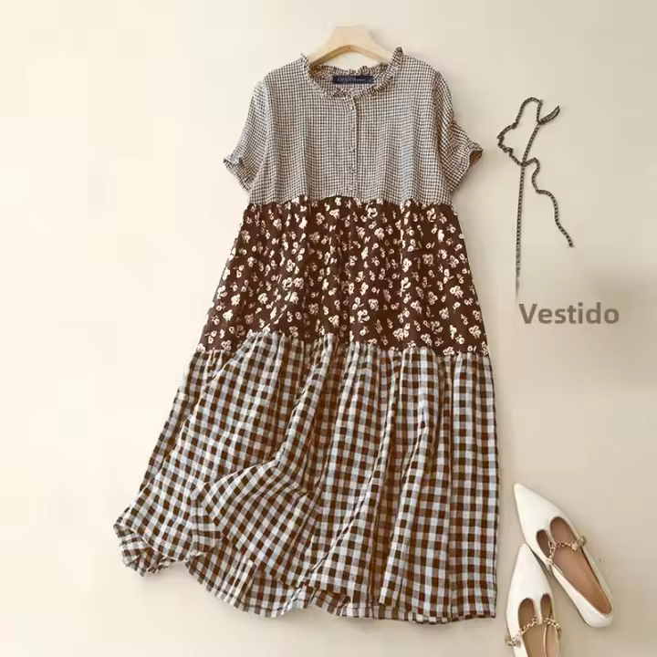ZANZEA Vestido Largo a Cuadros Para Mujer Estilo Vintage Manga Corta Holgado Manga Regular Poliéster Y Algodón Ajuste Suave Para Verano Y Vacaciones - 1