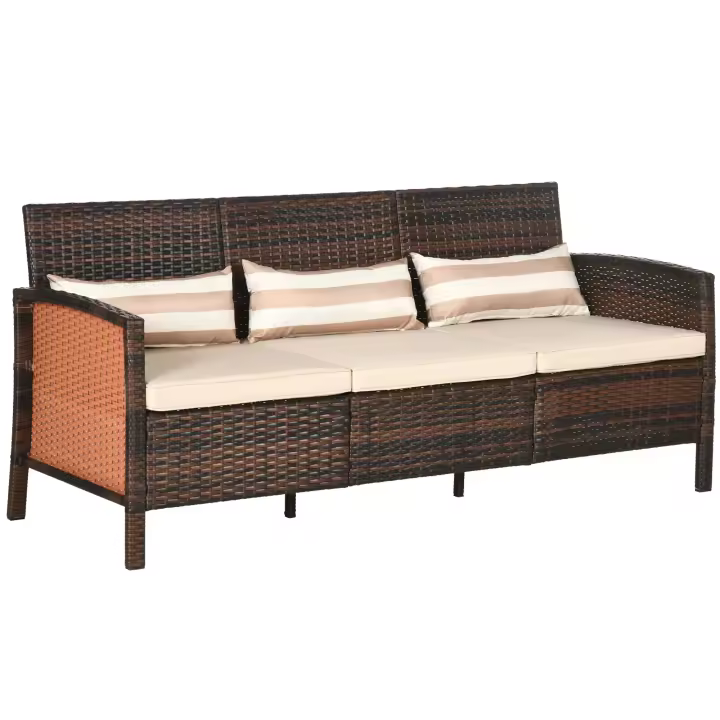 Outsunny Rattan Garden Lounge Sofá de Tres plazas con revestimientos, Estructura de Maple, MARRON, 68x173x78 cm, ideal para Terrazas y Jardines - 1