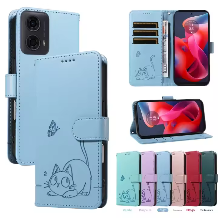 Funda De Monedero Magnética Para Motorola Moto G04 G04S G05 G13 G23 G24 G32 G34 G45 G53 G54 G73 G85 5G Diseño De Gato Encantador Cuero Con Silicona Anti-Resbalón Y Anti-Scratch - 1