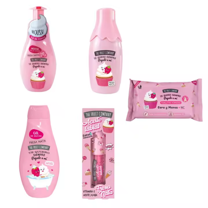 THE FRUIT COMPANY - PACK ESPECIAL BAÑO, COMPUESTO POR GEL DE BAÑO, JABON DE MANOS, COLONIA, TOALLITAS HUMEDAS, BALSAMO LABIAL Y AMBIENTADOR DE AROMA FRESA Y NATA - - 1