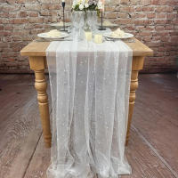1pc Corredor De Mesa De Perla Blanca En Malla Para Boda Y Fiestas Decoración De Velo De Novia Antiarrugas Para Mesa De Postres - details 0