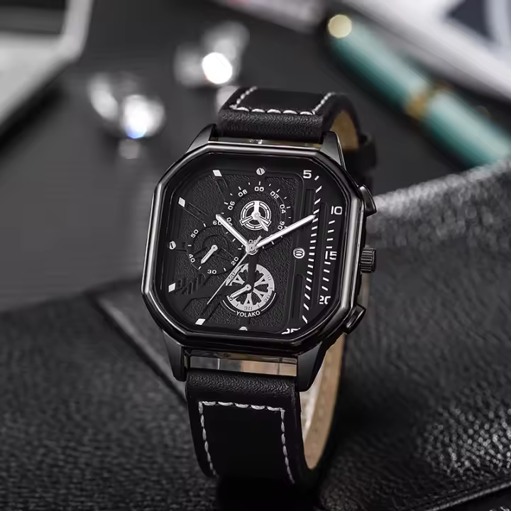 Reloj De Cuarzo Para Hombre Con Correa De Cuero Moda Casual Cuadrado Regalo Ideal Reloj De Pulsera Para Novio Sin Escritura - 1