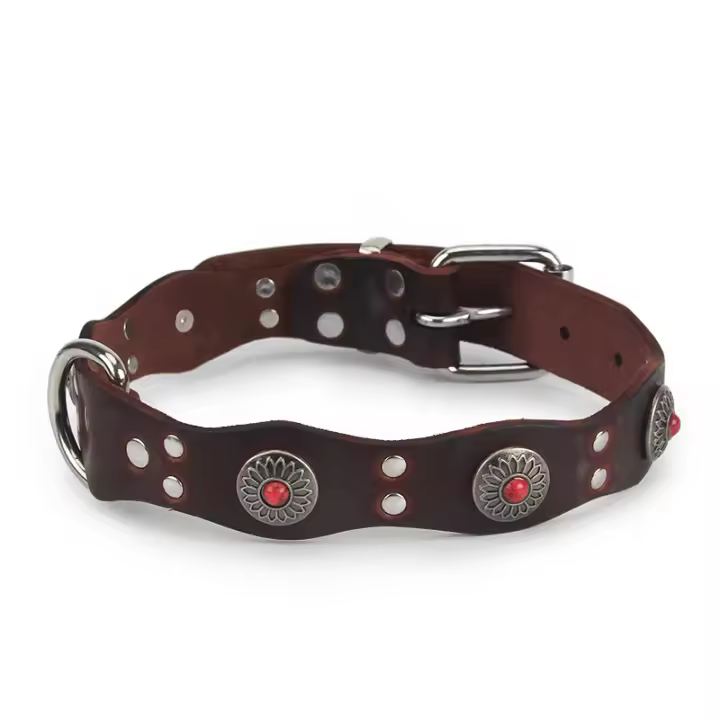 Collar De Cuero Genuino Retro Para Perros Grandes Con Patrón De Flores Y Cuentas Verdes Rojas Collar Básico Étnico Para Mascotas - 1