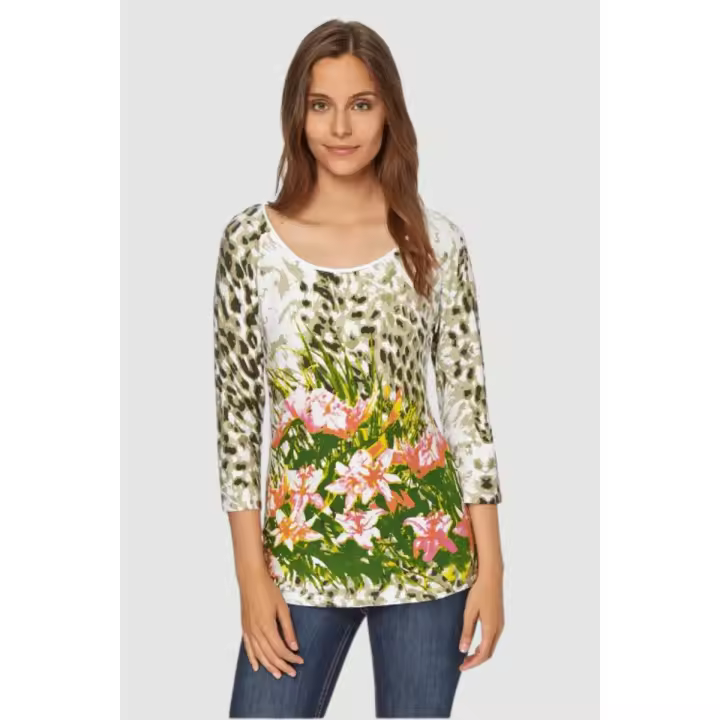 Camiseta mujer, blusa floral, manga tres cuartos, cuello redondo, diseño estampado flores, estilo casual, corte recto, color blanco multicolor, talla 38, cómoda, ideal primavera verano ✅Entrega 24/48h - 1