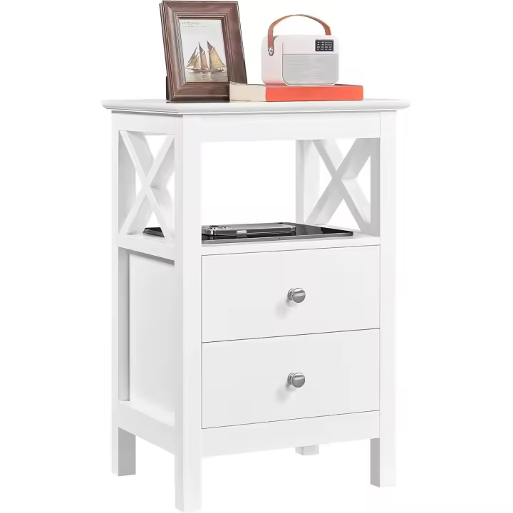 Mesilla de Noche con 2 Cajones Mesita de Noche de Moderno Mesa Auxiliar Lateral para Sofá Dormitorio Blanco de Madera MDF 40×30×60cm - 1
