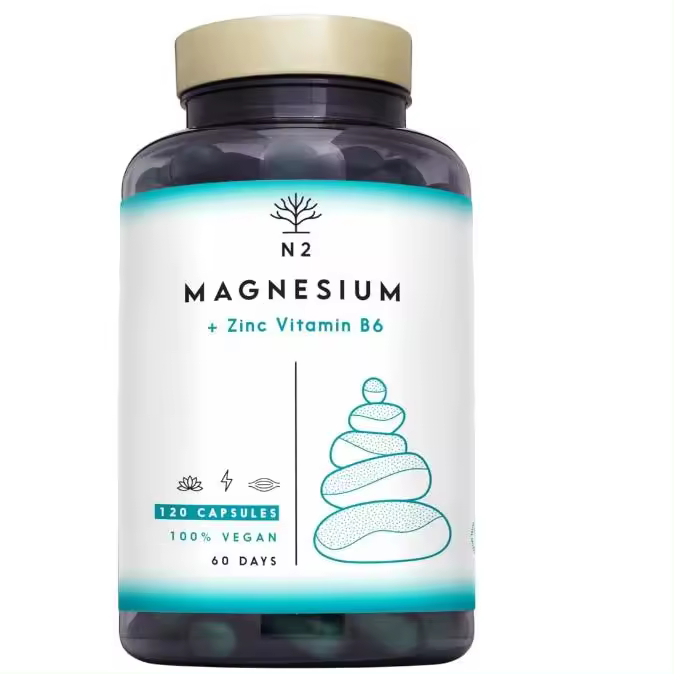 Magnesio con Zinc y Vitamina B6. Mejora el Rendimiento Ayudando a la Recuperación Muscular. Zinc y Magnesio. Vitaminas para el Cansancio. 120 Cápsulas. VEGANO. N2 Natural Nutrition - 1