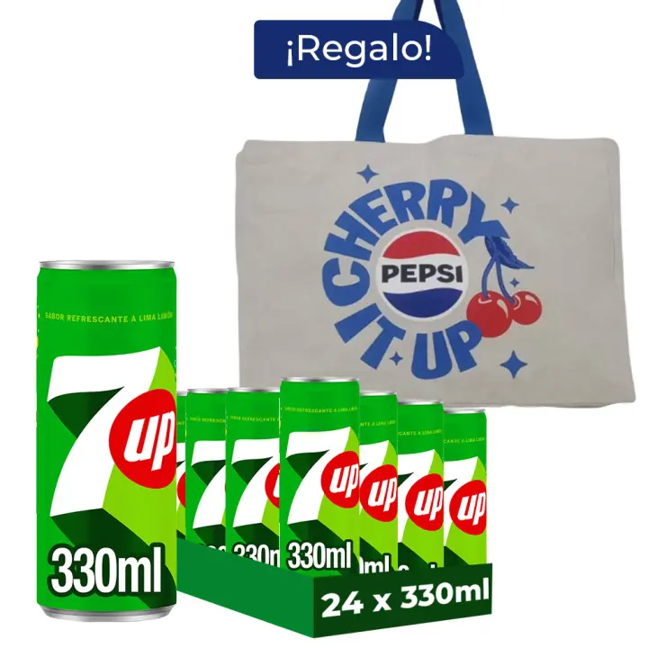 Pack Regalo Seven Up Original 24 Latas x 330 ml + Tote Pepsi, Refresco de Lima con Gas, Bebida Carbonatada, Sabor Burbujeante, Puro y Refrescante, sin Cafeína, Auténtico Sabor y Versatilidad - 1