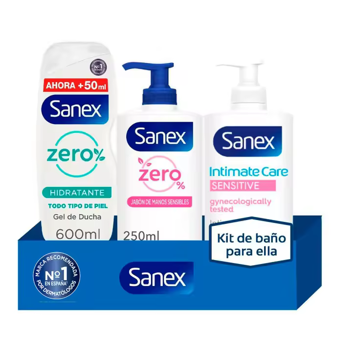 Sanex Kit de Baño para ella, respeta tu piel y el medio ambiente: gel de ducha, jabón líquido de manos y jabón íntimo - 1