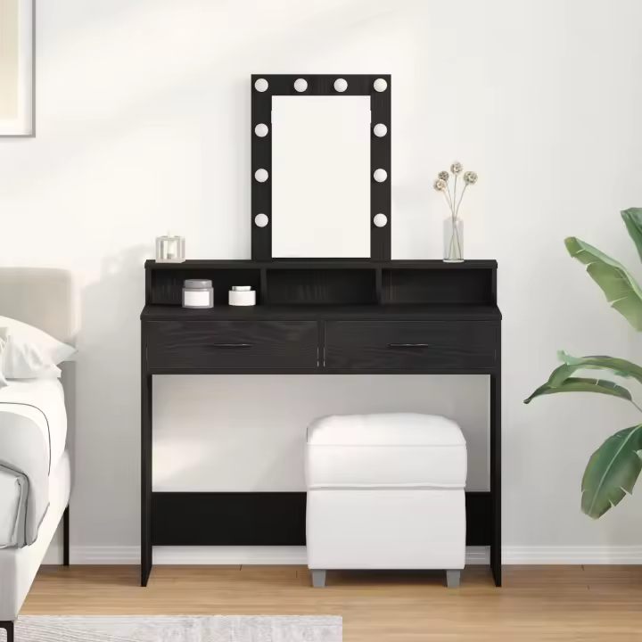 Mesa de tocador vidaXL con luces LED, Roble Negro, 100x41x140 cm - 1