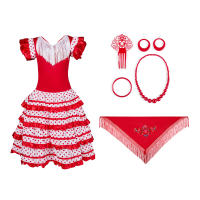 Vestido Flamenco Mujer Niña+Peineta+Collar+Pulsera+Pendientes+ mantón rojo flor , Vestido Sevillanas Español Tradicional para Feria Abril Sevilla Actuaciones Baile - details 1